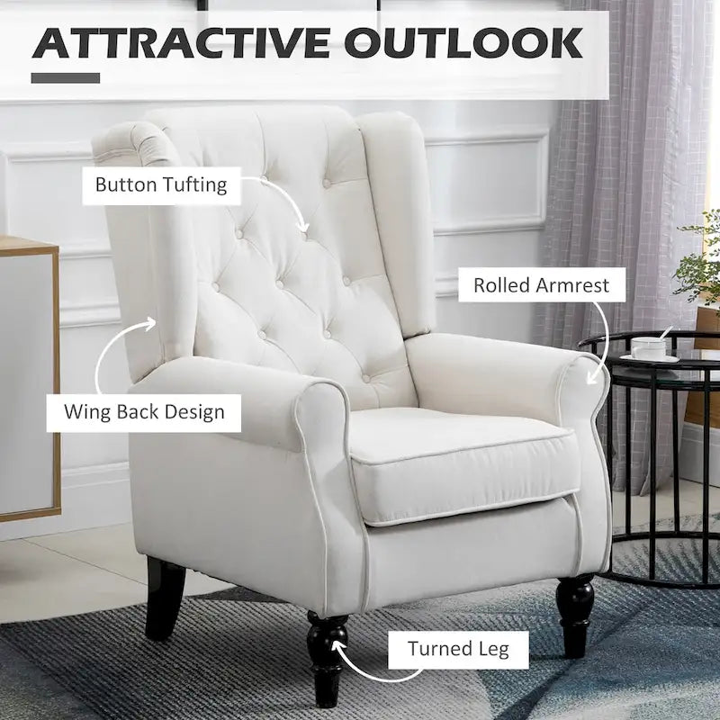 Fauteuil d'appoint moderne blanc crème à dossier haut capitonné de 74,4 cm (29,3 po) avec dossier à oreilles