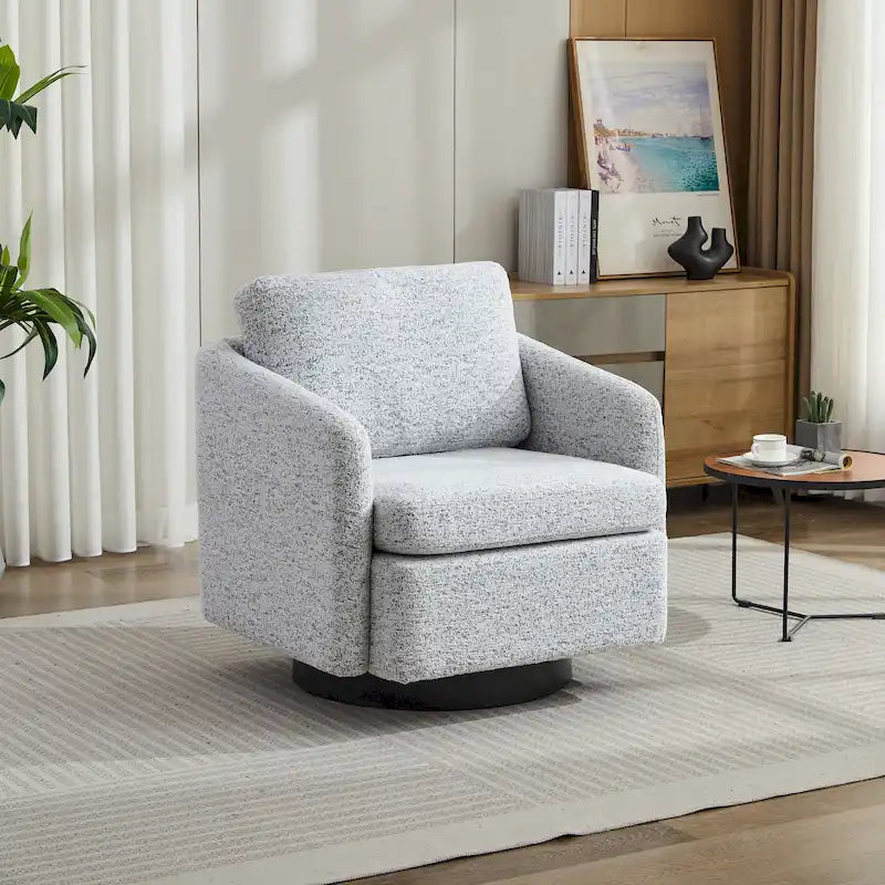 Fauteuil pivotant d'appoint en chenille blanche et noire de 80 cm avec structure en bois massif