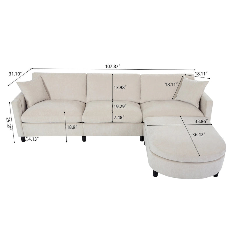 Canapé 4 places spacieux beige 107,87 avec pouf amovible