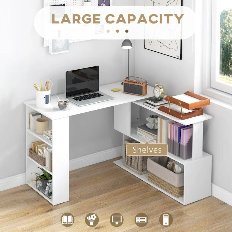 Bureau d'ordinateur moderne en forme de L avec support pivotant à 360 degrés et grand espace de rangement pour petits bureaux et chambres à coucher