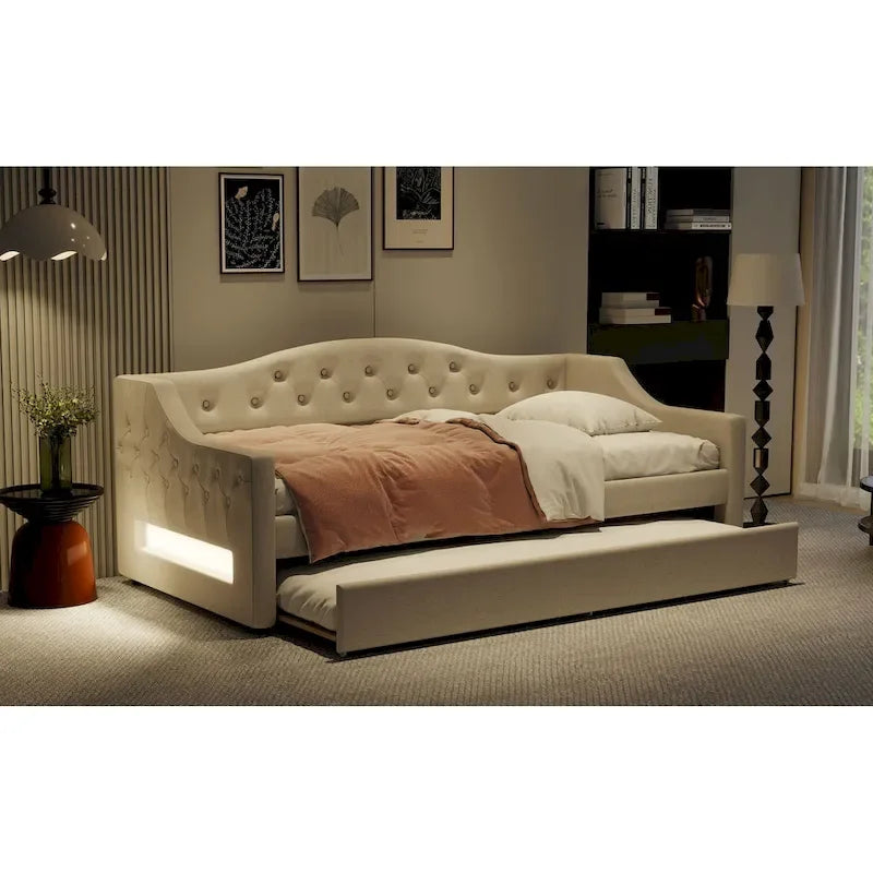Lit de jour rembourré pour lit simple XL avec ceinture LED et lit gigogne, gris