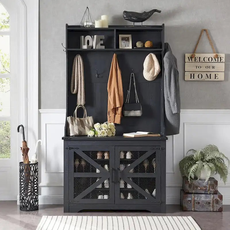 Banc d'entrée de style ferme de 42 pouces de large avec porte-manteau et armoire de vestiaire