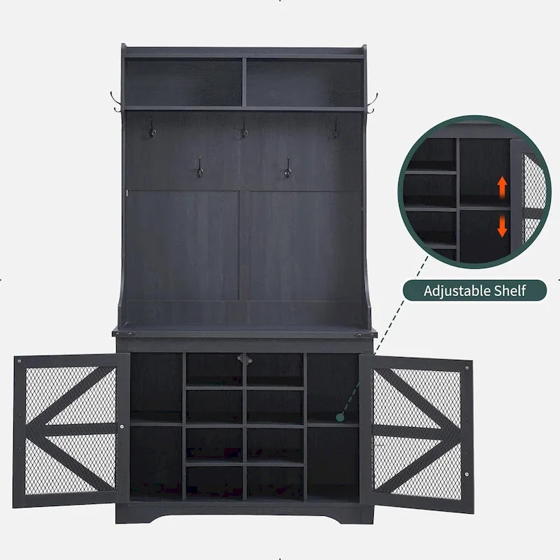 Banc d'entrée de style ferme de 42 pouces de large avec porte-manteau et armoire de vestiaire