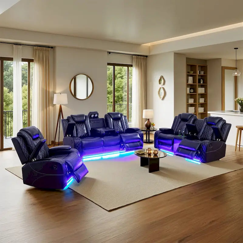 Ensemble de canapés inclinables modernes en cuir 3 pièces avec éclairage LED et chargeur sans fil