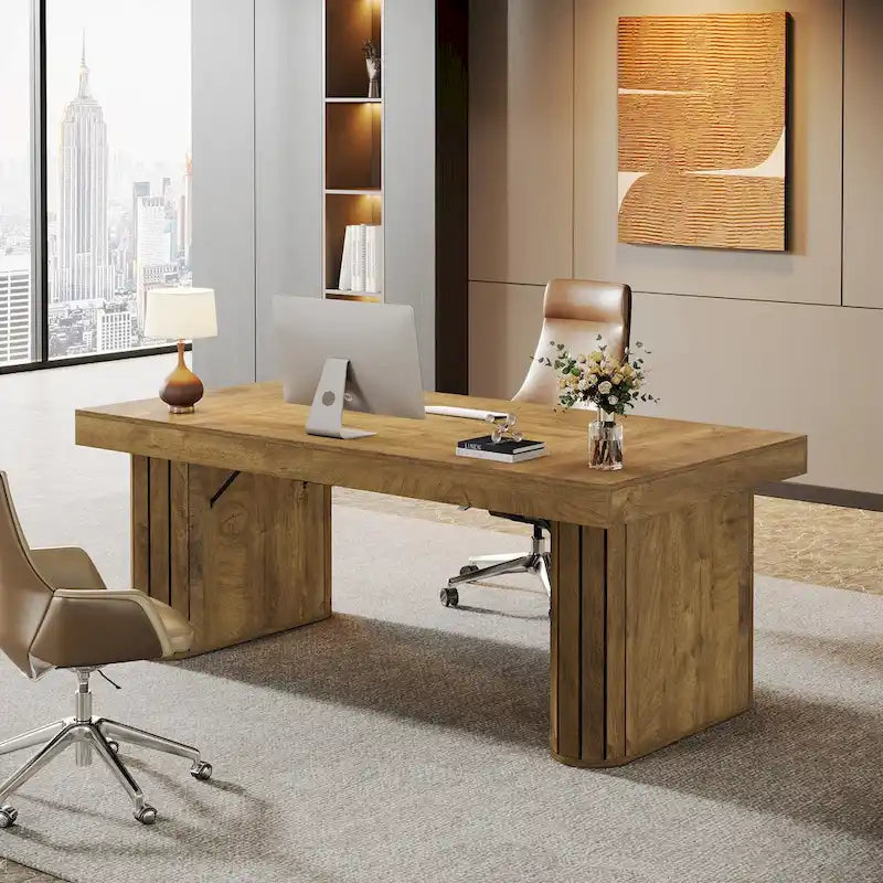 Bureau de direction 70,9 cm, bureau d'ordinateur style ferme, grand poste de travail pour bureau à domicile, marron