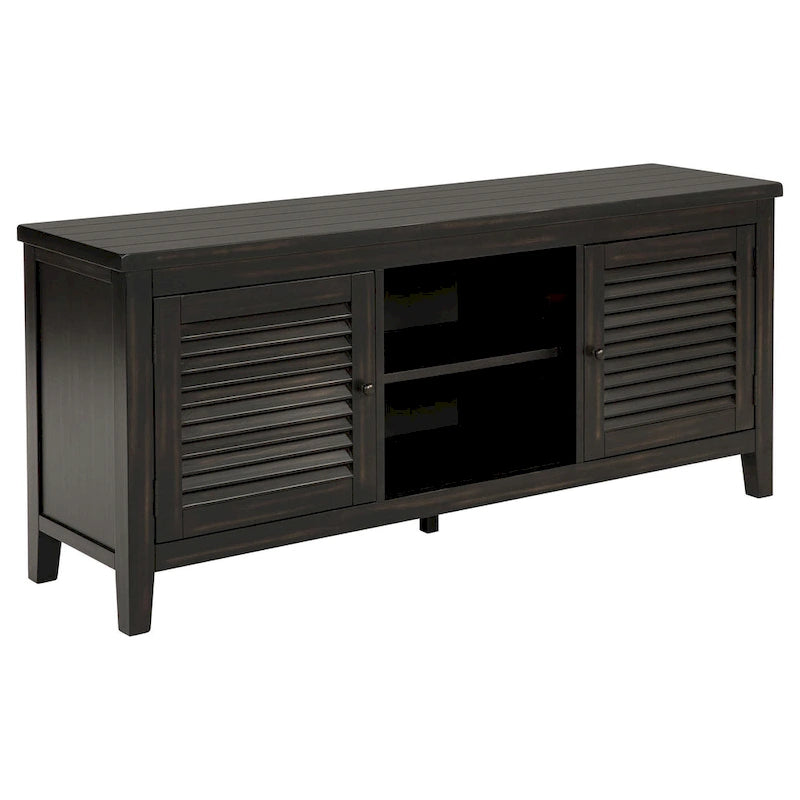 Coni TV Stand Media Cabinet, 2 Door and Shelves, Black Wood 60 Inch