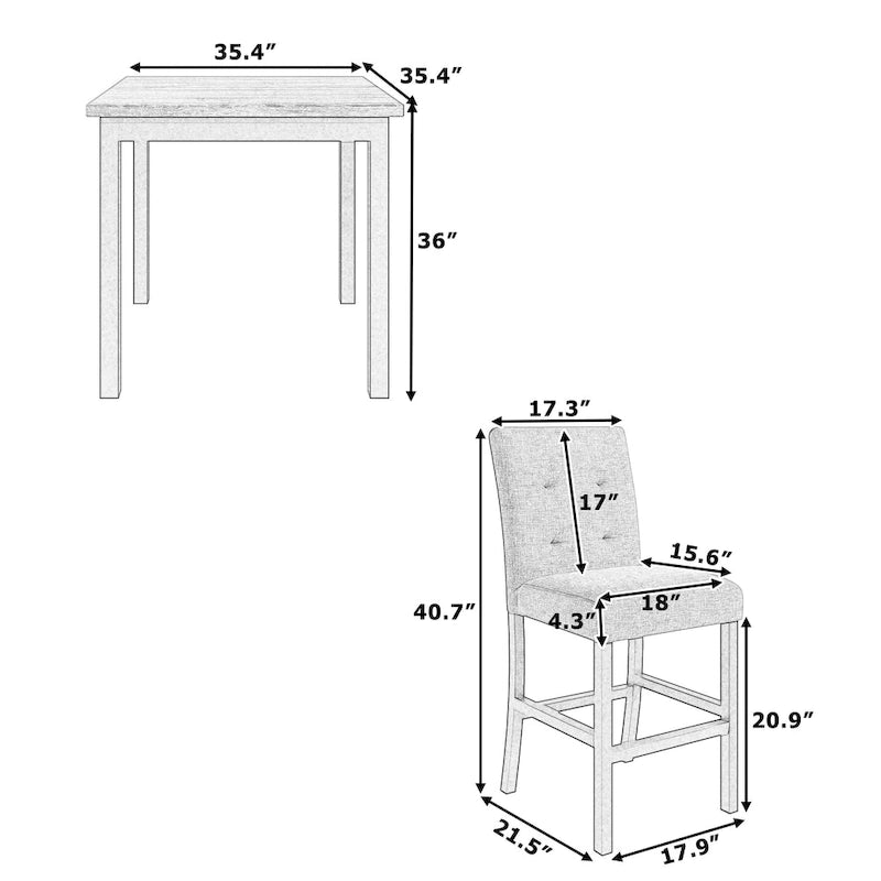 Ensemble de salle à manger 5 pièces, hauteur comptoir, comprenant une table rectangulaire en bois et 4 chaises rembourrées à dossier haut.