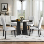 5 Pcs Wood Kitchen Table and Chair Set, 4 People Round Dining Table Set with Faux Marble Top and 4 Upholstered Chairs