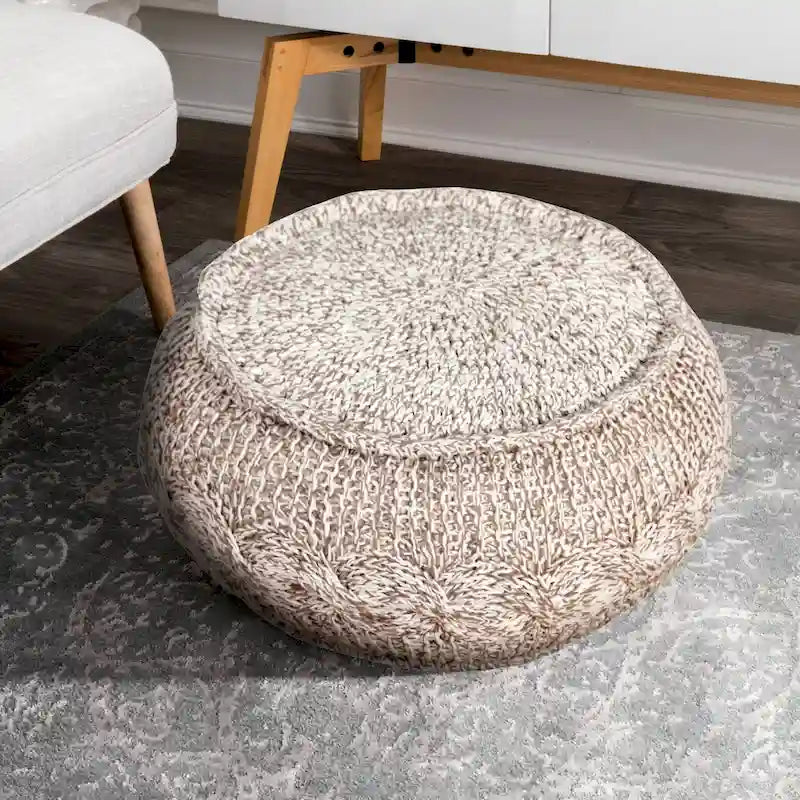 Pouf ottoman beige en coton de 50 cm (20 pouces) avec motif géométrique pour salon