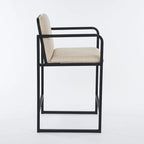 Lot de 2 tabourets de bar modernes rembourrés, hauteur comptoir, avec accoudoirs, structure en métal et assise rembourrée.