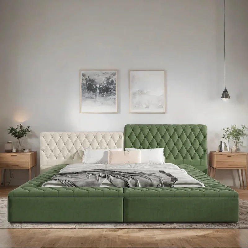 Lit rembourré King Size avec compartiments de rangement et pied de lit