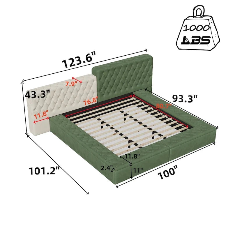 Lit rembourré King Size avec compartiments de rangement et pied de lit