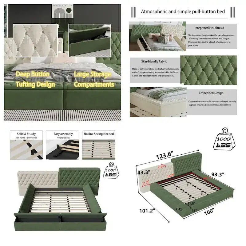 Lit rembourré King Size avec compartiments de rangement et pied de lit