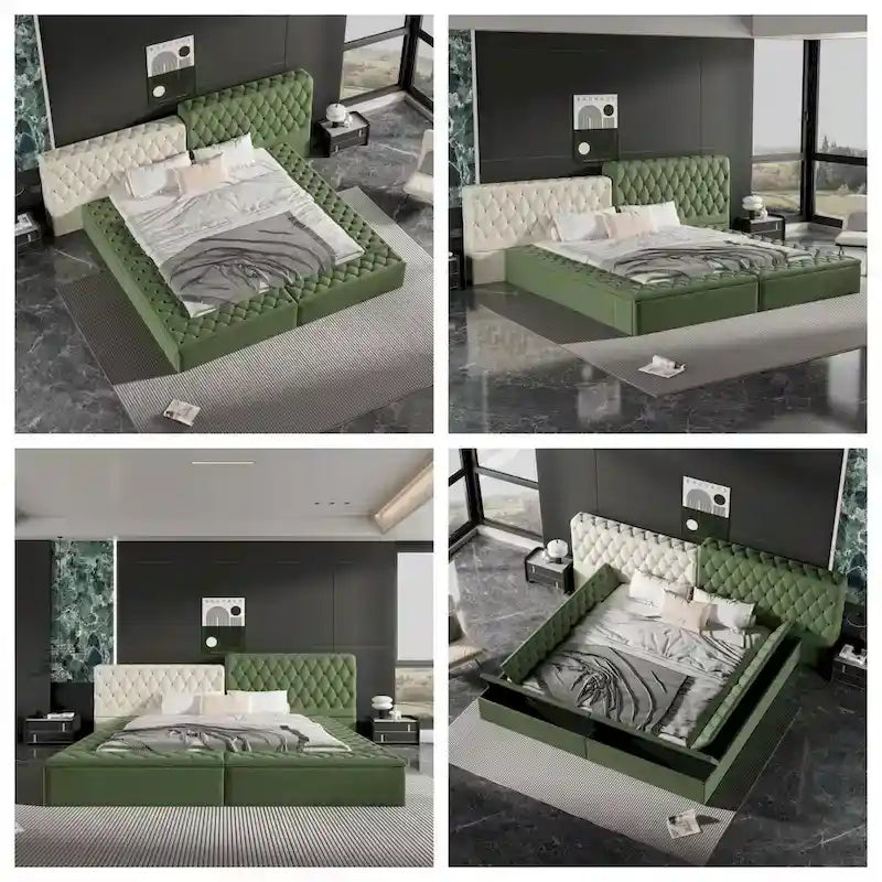 Lit rembourré King Size avec compartiments de rangement et pied de lit