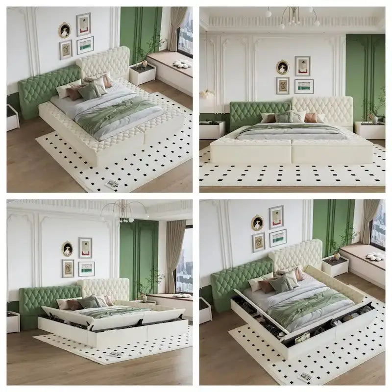 Lit rembourré King Size avec compartiments de rangement et pied de lit