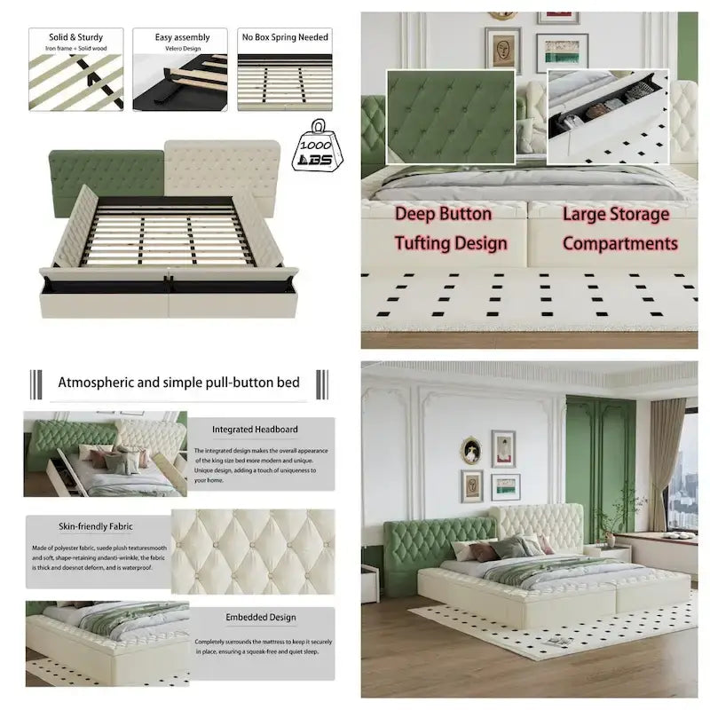 Lit rembourré King Size avec compartiments de rangement et pied de lit