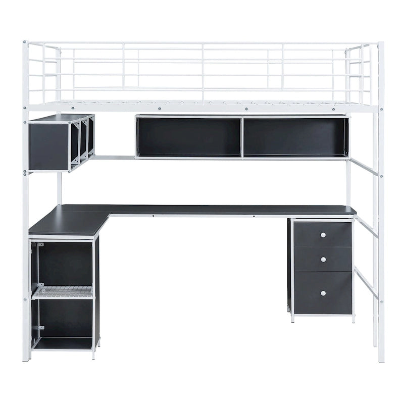 Lit mezzanine double avec bibliothèque et armoire, lit mezzanine en métal avec bureau intégré en forme de L, cadre de lit en métal pour enfants, adolescents et adultes