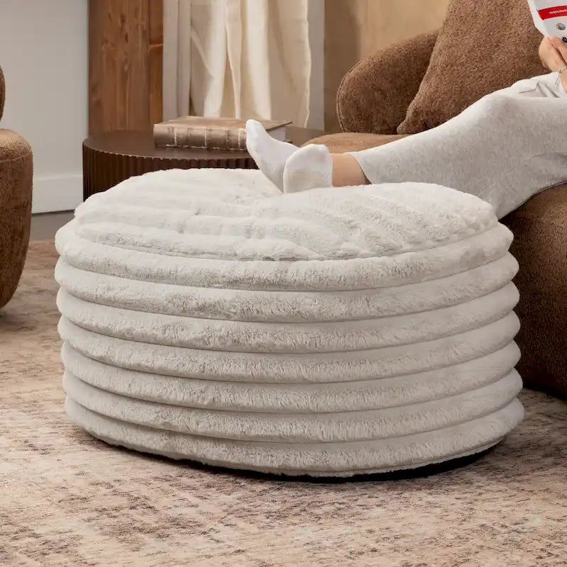 Grand pouf ottoman côtelé en fausse fourrure - 35 - Gris