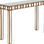 Console rectangulaire dorée à miroir et piètement en verre à quatre pieds - 43 cm L x 14 cm l x 31 cm H