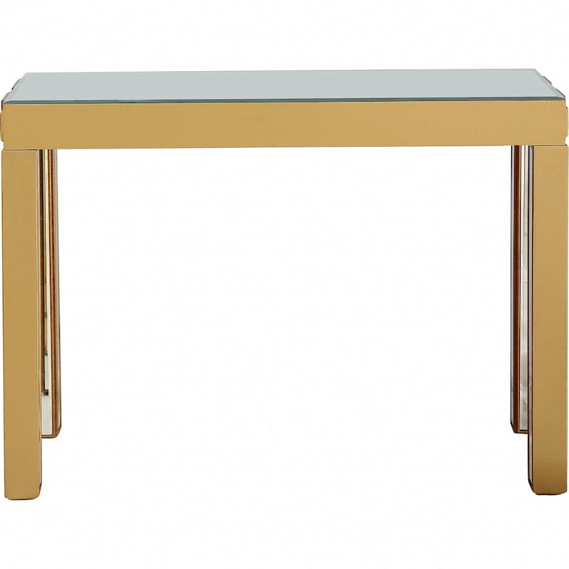 Console rectangulaire dorée à miroir et piètement en verre à quatre pieds - 43 cm L x 14 cm l x 31 cm H