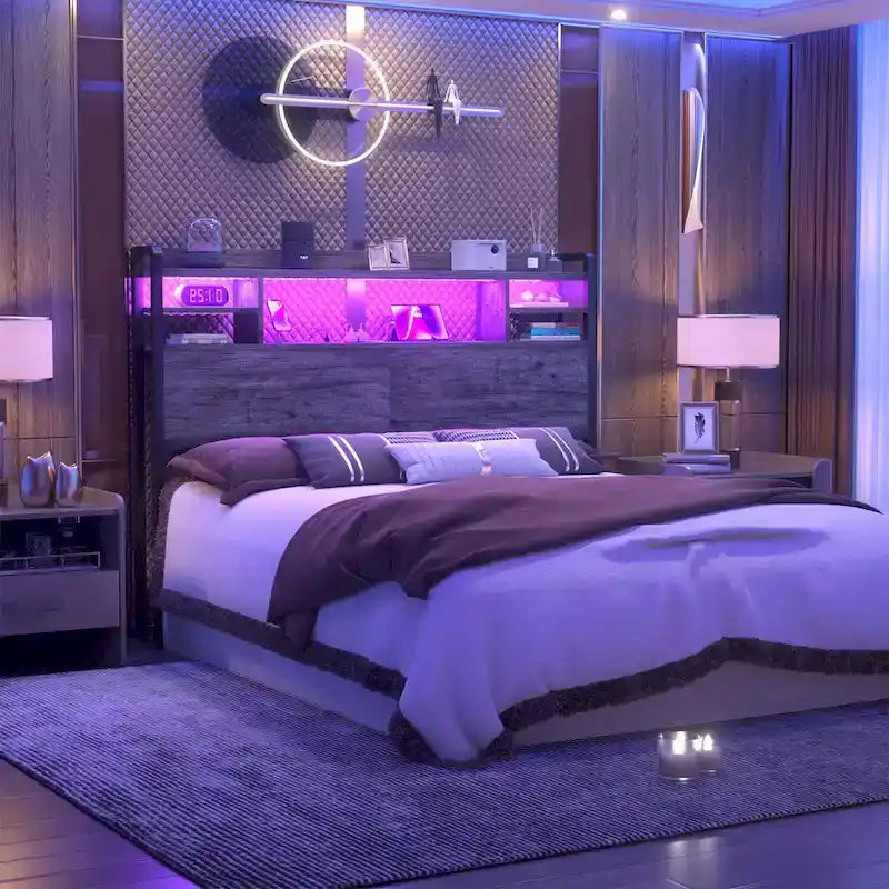 Tête de lit avec rangement, port USB et prise électrique, tête de lit avec éclairage LED pour cadre de lit