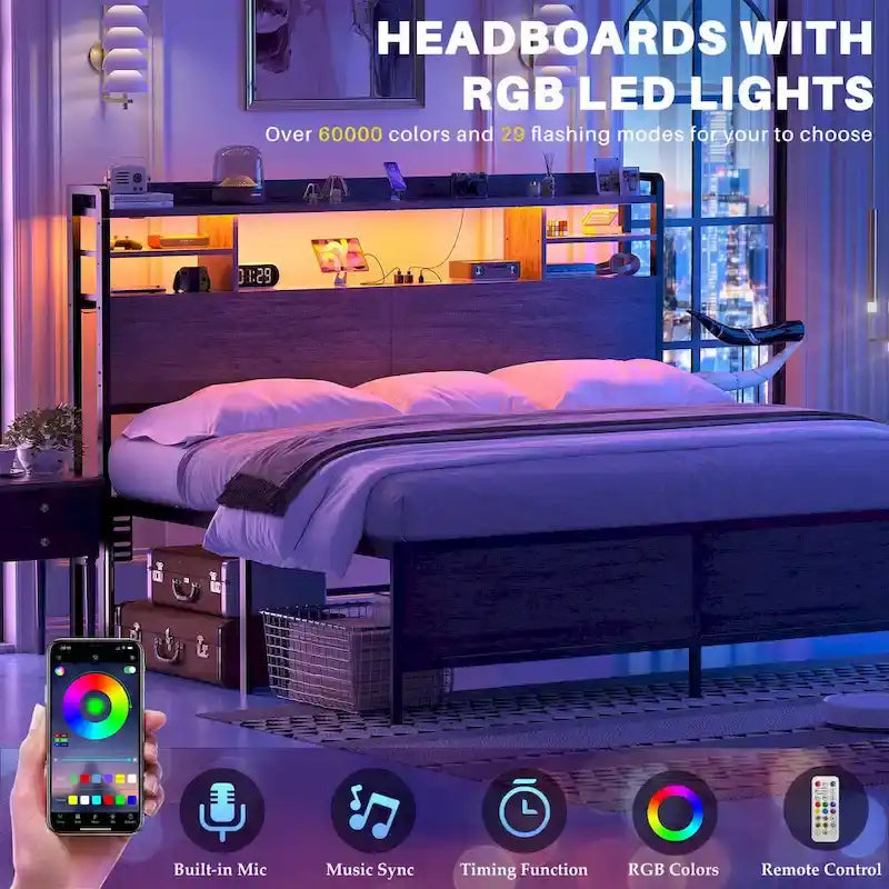 Tête de lit avec rangement, port USB et prise électrique, tête de lit avec éclairage LED pour cadre de lit