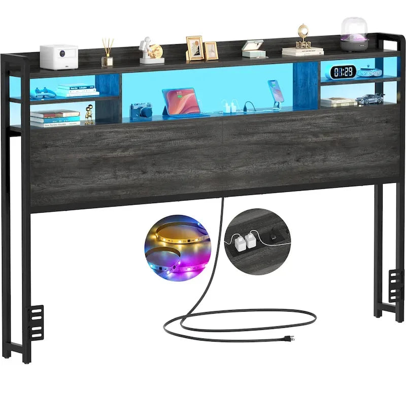 Tête de lit avec rangement, port USB et prise électrique, tête de lit avec éclairage LED pour cadre de lit