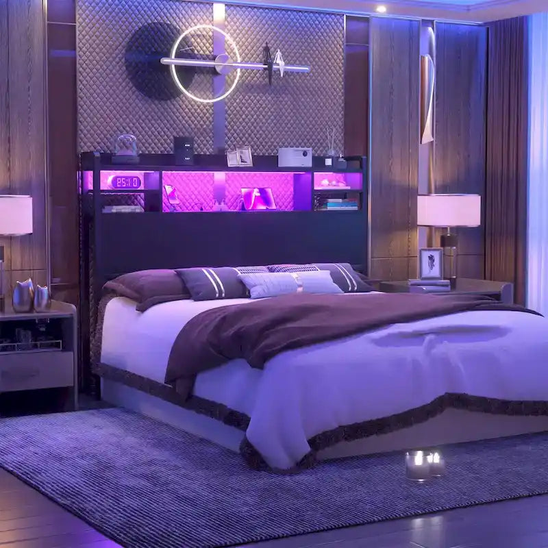 Tête de lit avec rangement, port USB et prise électrique, tête de lit avec éclairage LED pour cadre de lit