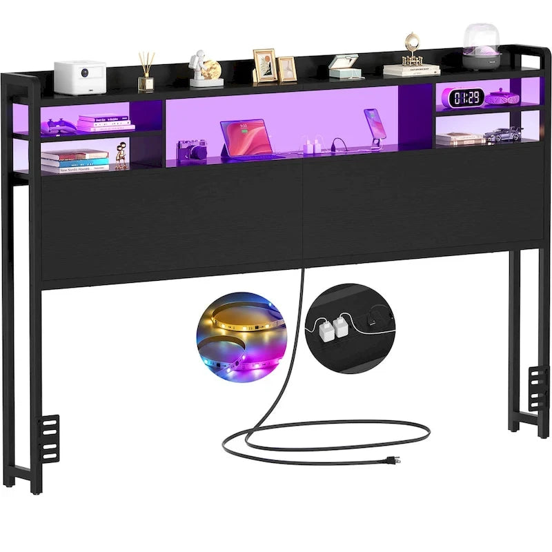 Tête de lit avec rangement, port USB et prise électrique, tête de lit avec éclairage LED pour cadre de lit