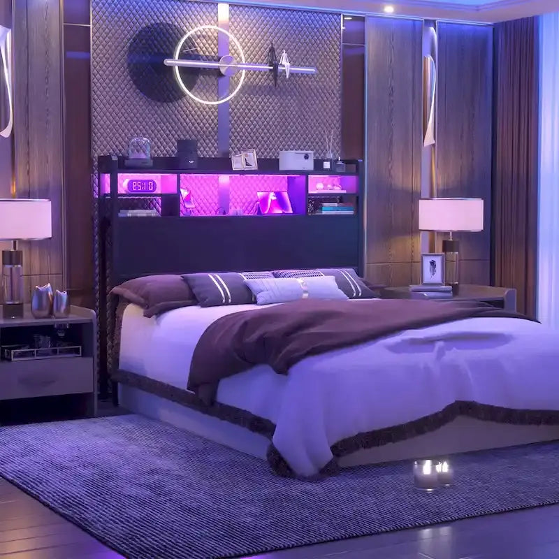 Tête de lit avec rangement, port USB et prise électrique, tête de lit avec éclairage LED pour cadre de lit