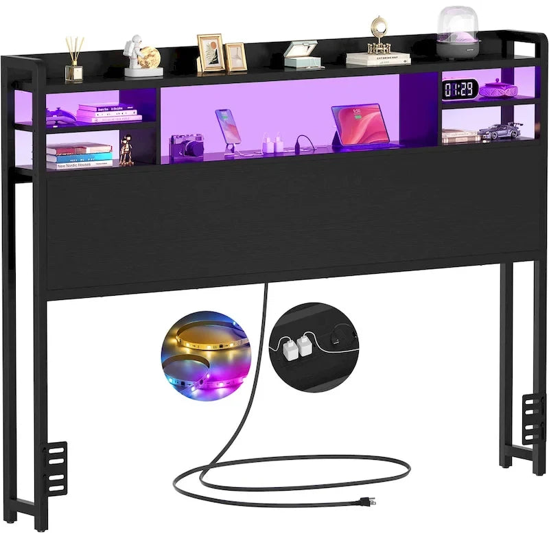 Tête de lit avec rangement, port USB et prise électrique, tête de lit avec éclairage LED pour cadre de lit