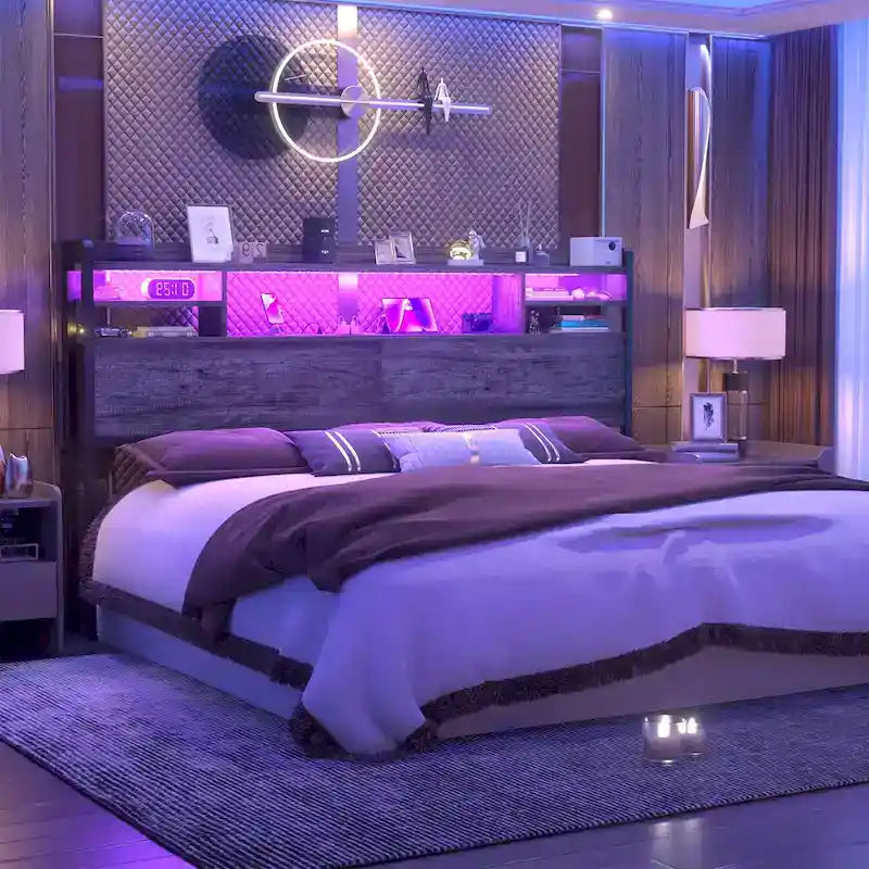 Tête de lit avec rangement, port USB et prise électrique, tête de lit avec éclairage LED pour cadre de lit