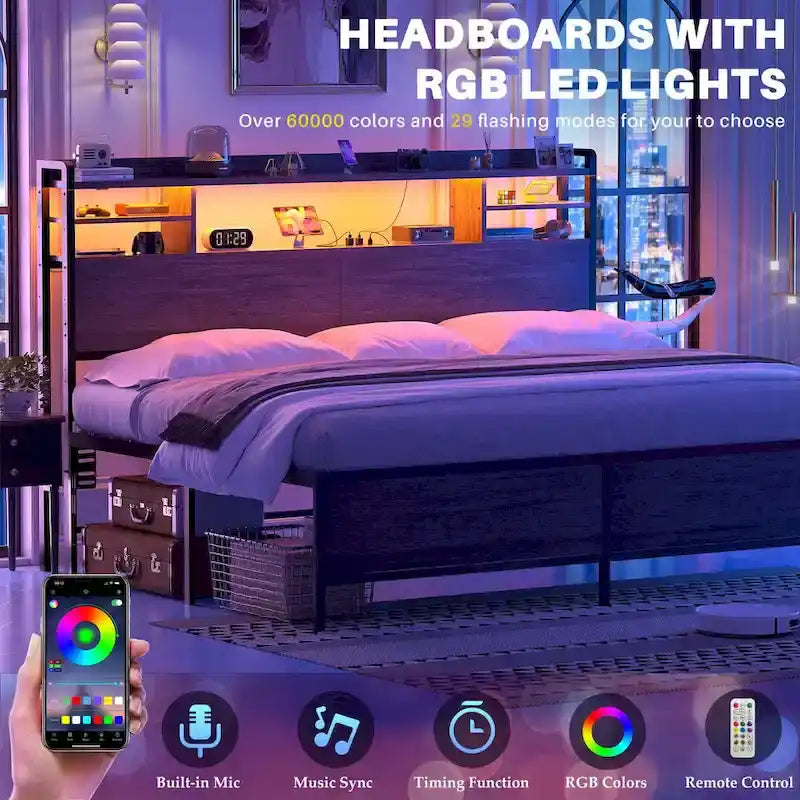 Tête de lit avec rangement, port USB et prise électrique, tête de lit avec éclairage LED pour cadre de lit