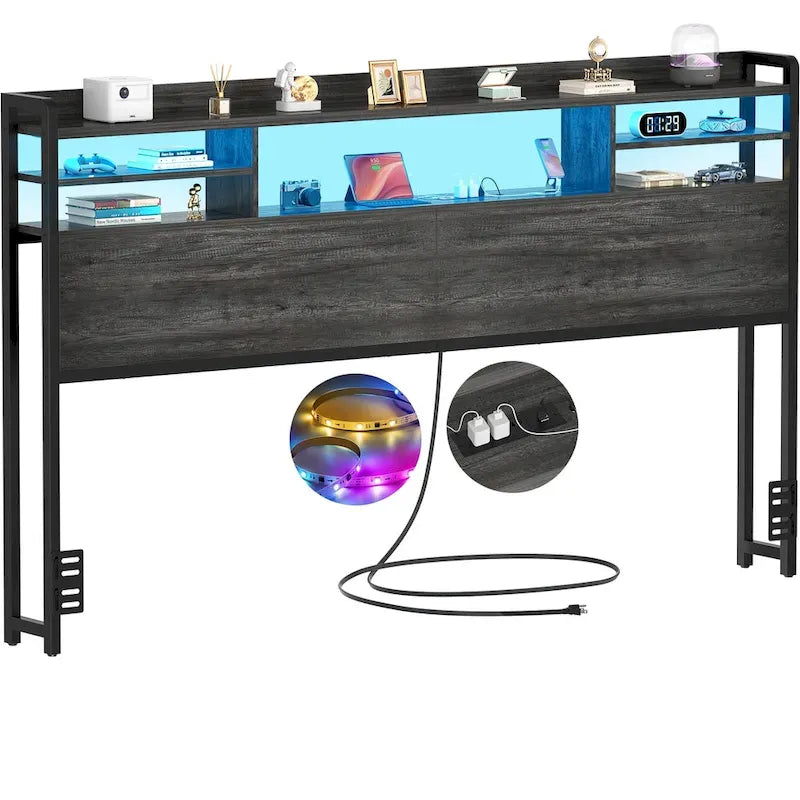 Tête de lit avec rangement, port USB et prise électrique, tête de lit avec éclairage LED pour cadre de lit