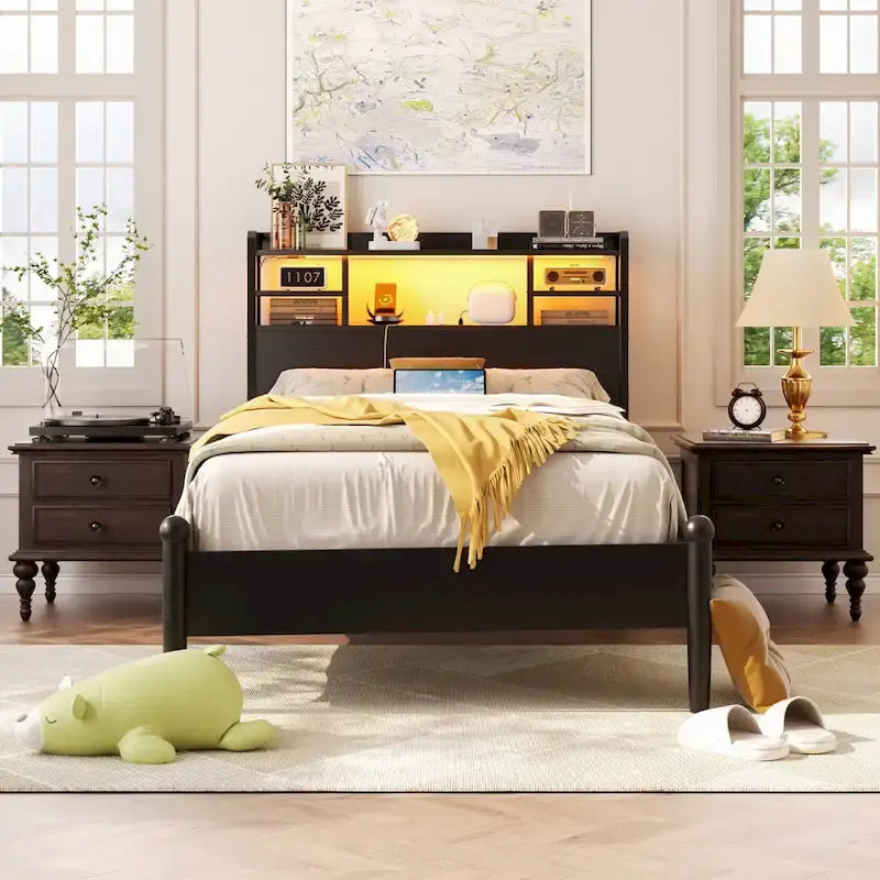 Tête de lit avec rangement, port USB et prise électrique, tête de lit avec éclairage LED pour cadre de lit