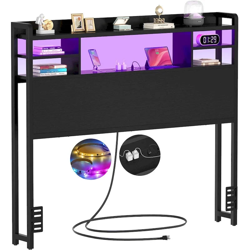 Tête de lit avec rangement, port USB et prise électrique, tête de lit avec éclairage LED pour cadre de lit