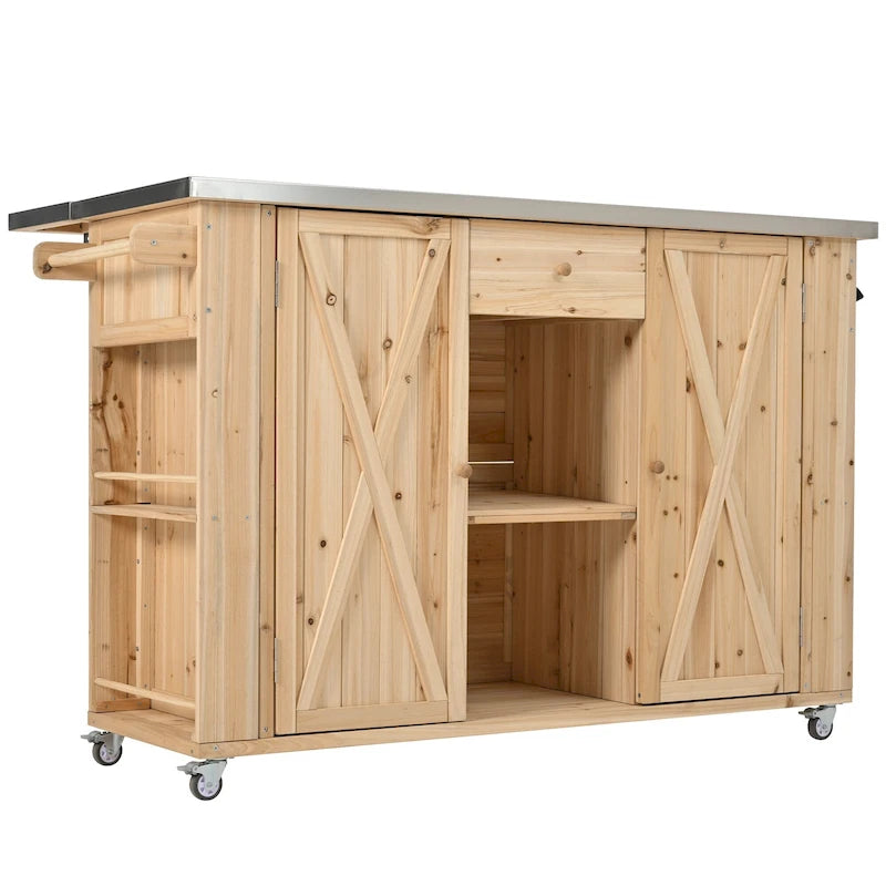 Îlot de cuisine extérieure en bois de sapin rustique avec plateau en acier inoxydable et rangements astucieux