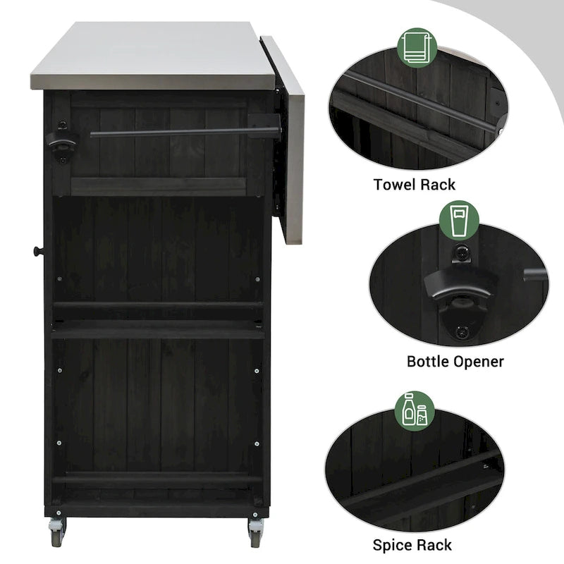 Îlot de cuisine extérieure en bois de sapin rustique avec plateau en acier inoxydable et rangements astucieux