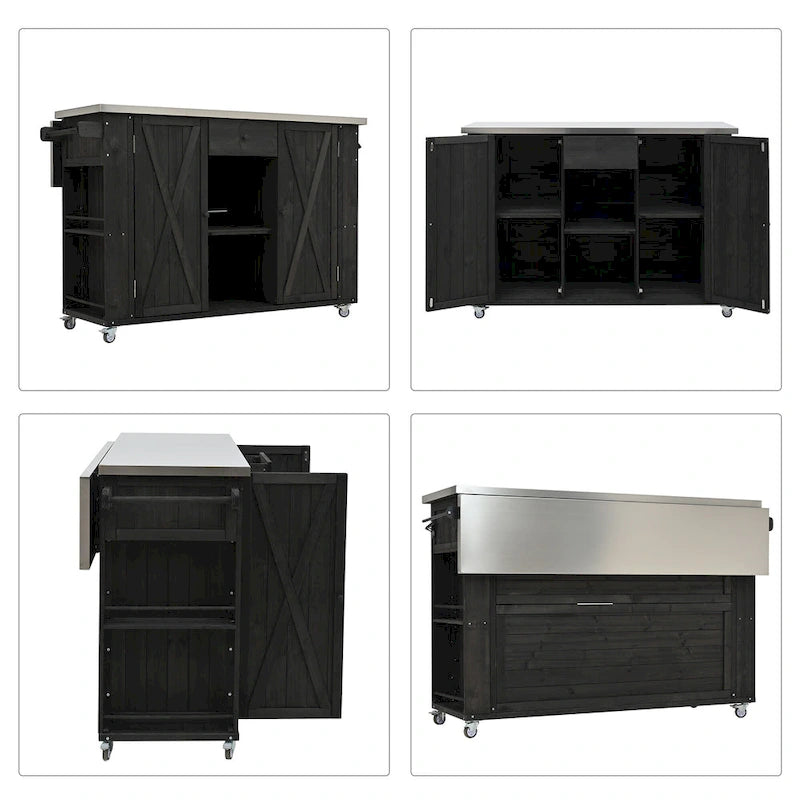 Îlot de cuisine extérieure en bois de sapin rustique avec plateau en acier inoxydable et rangements astucieux