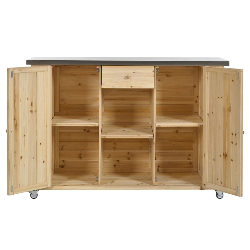 Îlot de cuisine extérieure en bois de sapin rustique avec plateau en acier inoxydable et rangements astucieux