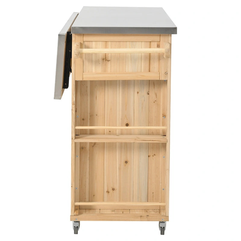 Îlot de cuisine extérieure en bois de sapin rustique avec plateau en acier inoxydable et rangements astucieux