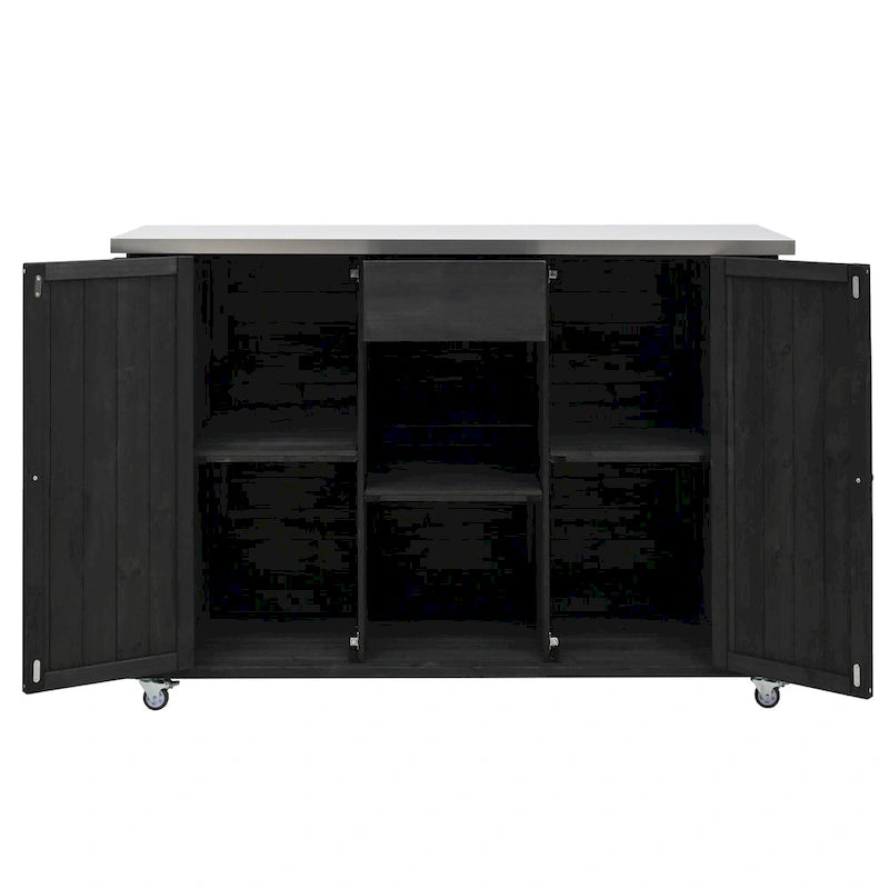 Îlot de cuisine extérieure en bois de sapin rustique avec plateau en acier inoxydable et rangements astucieux