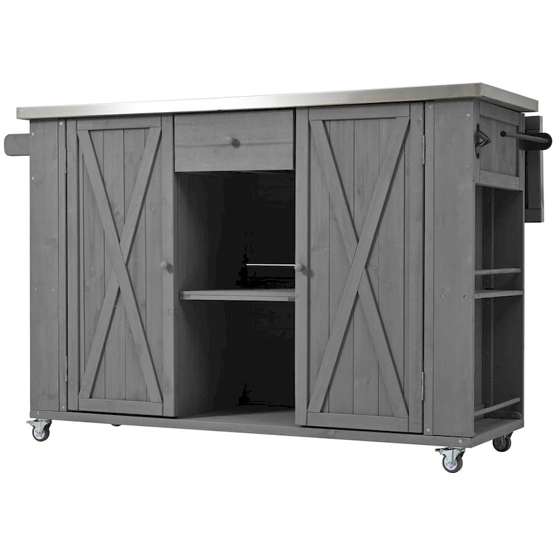 Îlot de cuisine extérieure en bois de sapin rustique avec plateau en acier inoxydable et rangements astucieux