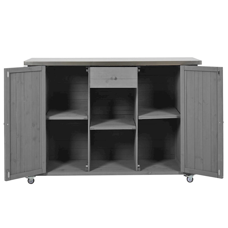 Îlot de cuisine extérieure en bois de sapin rustique avec plateau en acier inoxydable et rangements astucieux