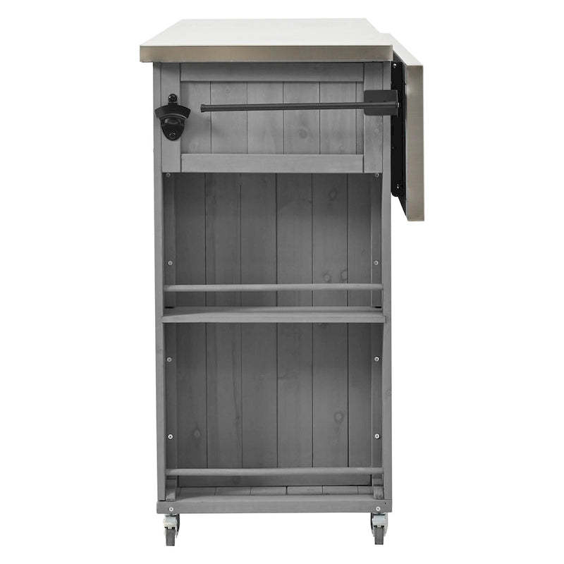 Îlot de cuisine extérieure en bois de sapin rustique avec plateau en acier inoxydable et rangements astucieux