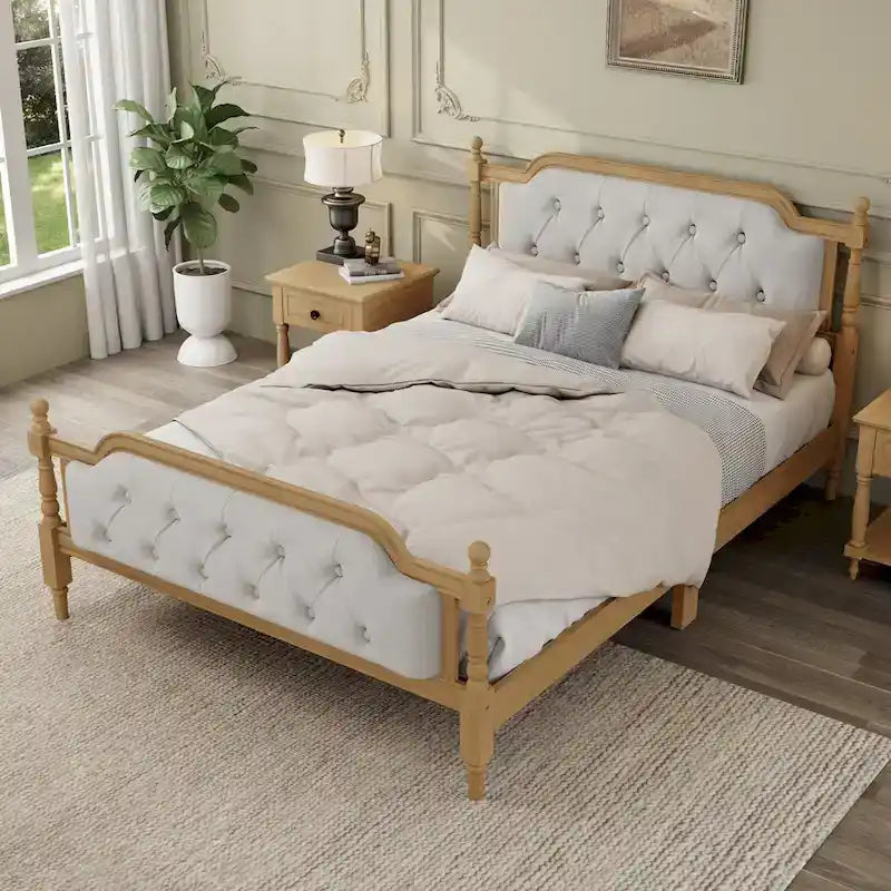 Wooden Platform Bed with Tufted Upholstered Headboard Footboard, No Box Spring Needed, Wood Slat Support Low Profile Bed
