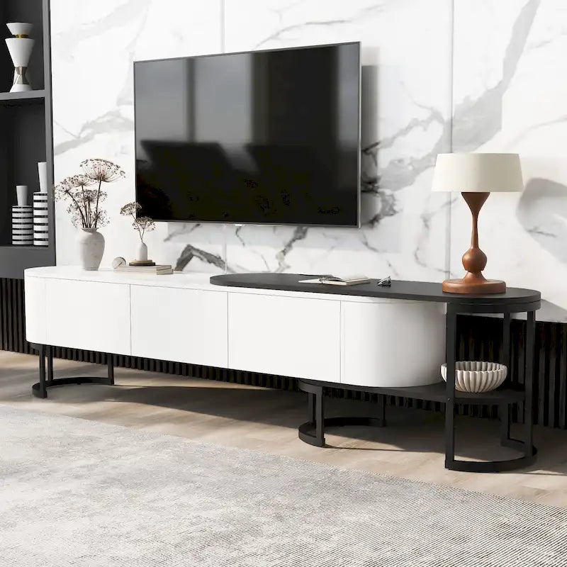 Meuble TV rétractable moderne noir et blanc avec 3 tiroirs et pieds réglables en métal pour salon ou chambre
