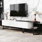 Meuble TV rétractable moderne noir et blanc avec 3 tiroirs et pieds réglables en métal pour salon ou chambre