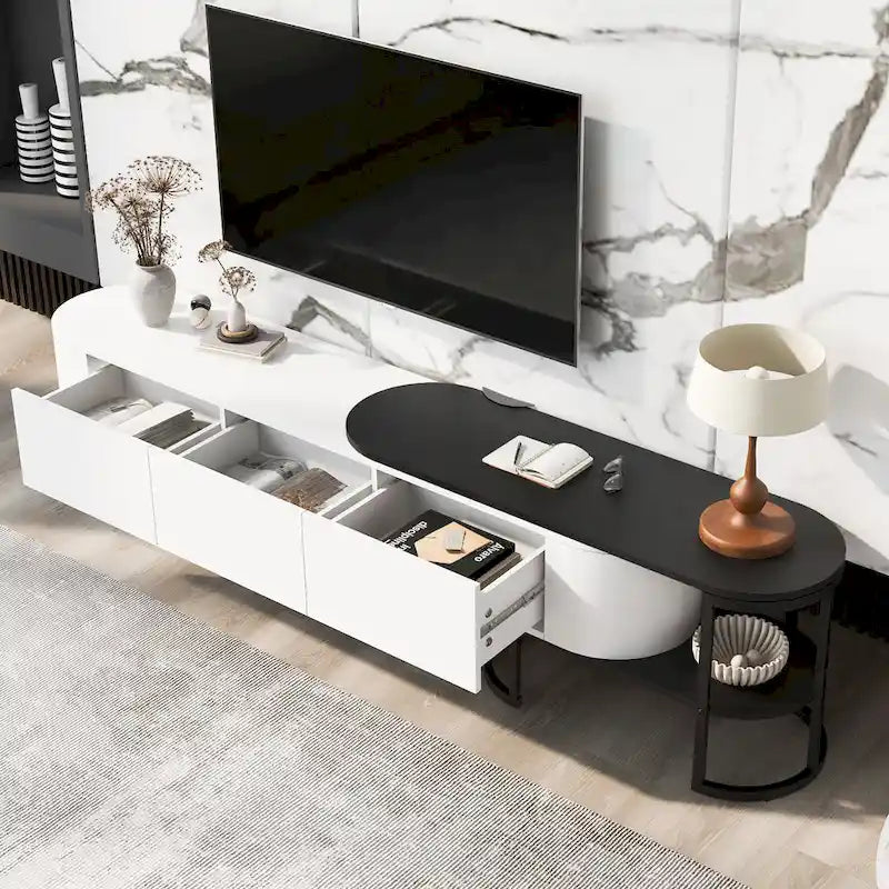 Meuble TV rétractable moderne noir et blanc avec 3 tiroirs et pieds réglables en métal pour salon ou chambre