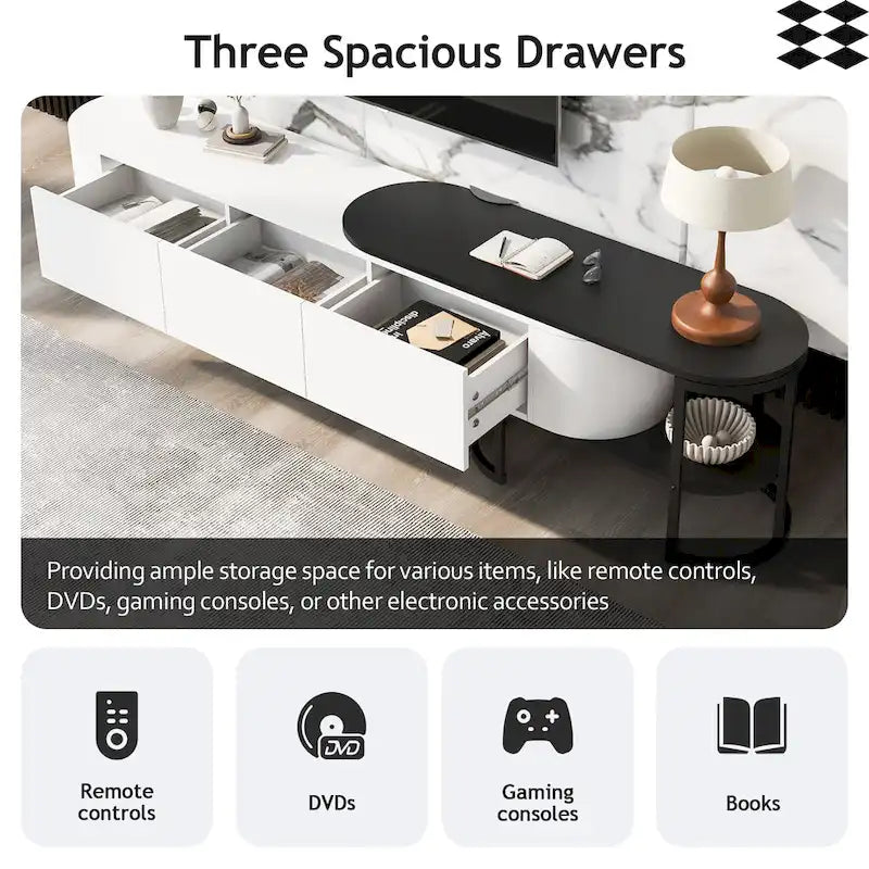Meuble TV rétractable moderne noir et blanc avec 3 tiroirs et pieds réglables en métal pour salon ou chambre